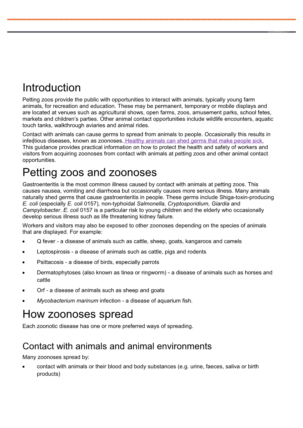 Guidance on Managing Infection from Petting Zoos and Other Animal Contact Opportunities