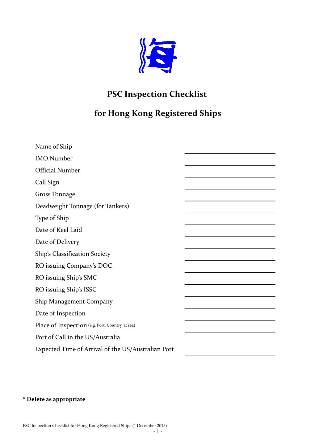 PSC Inspection Checklist of Hong Kong Registered Ships