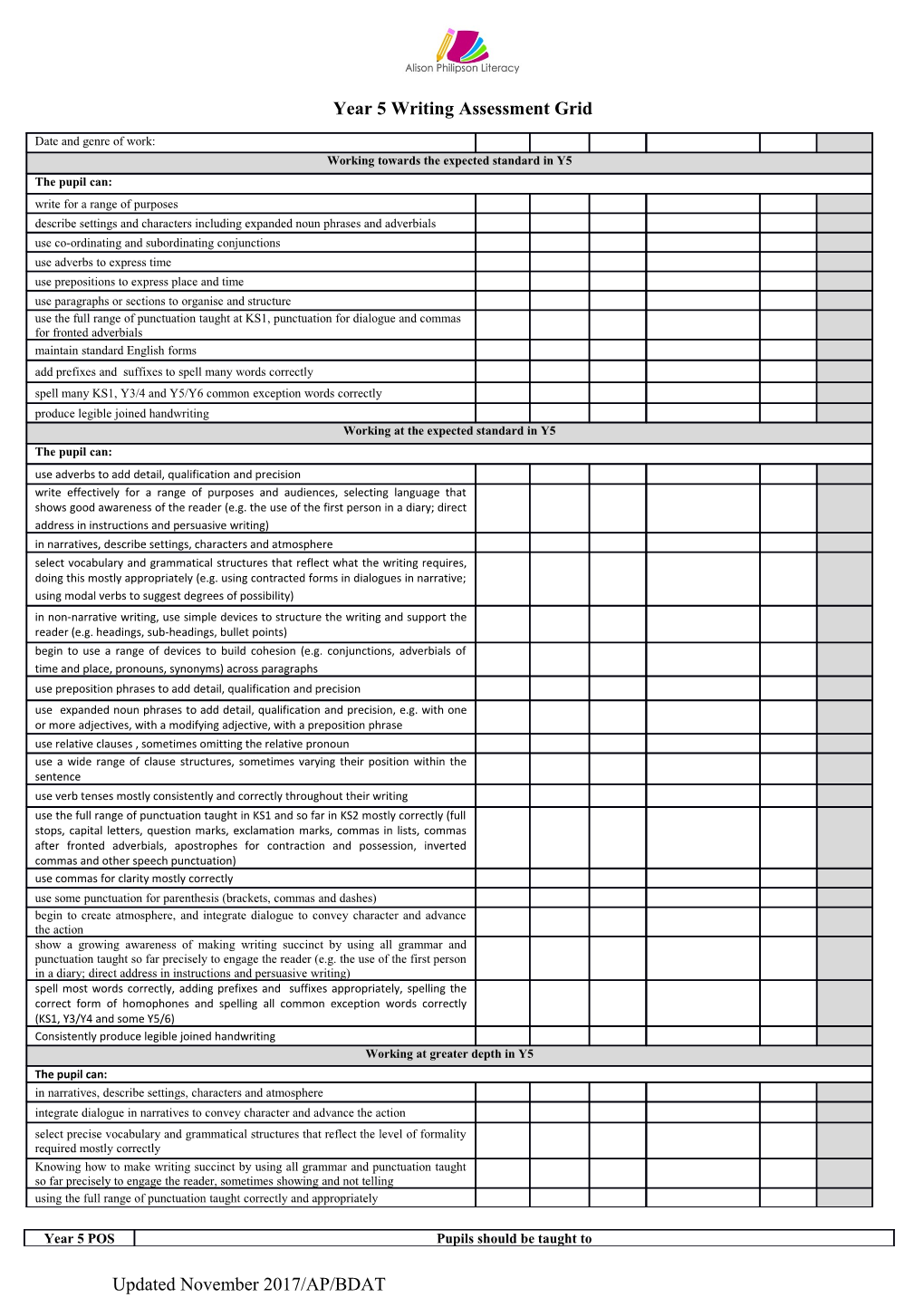 Year 5 Writing Assessment Grid