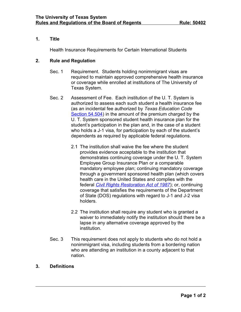 Health Insurance Requirements for Certain International Students