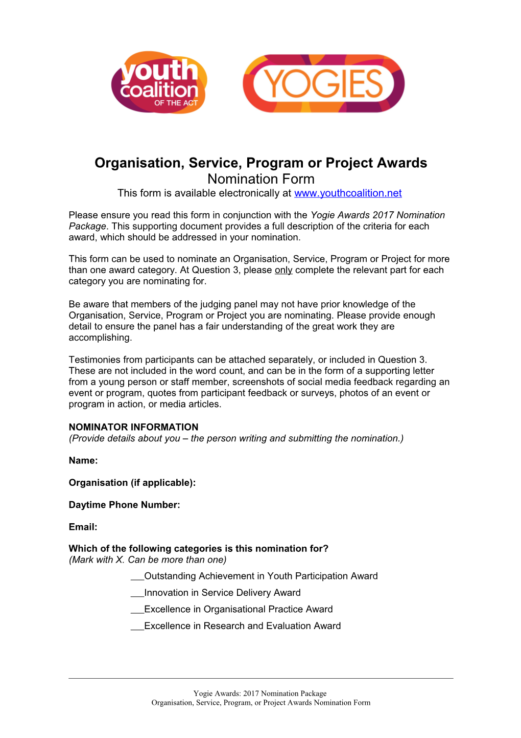 Organisation, Service, Program Or Project Awards