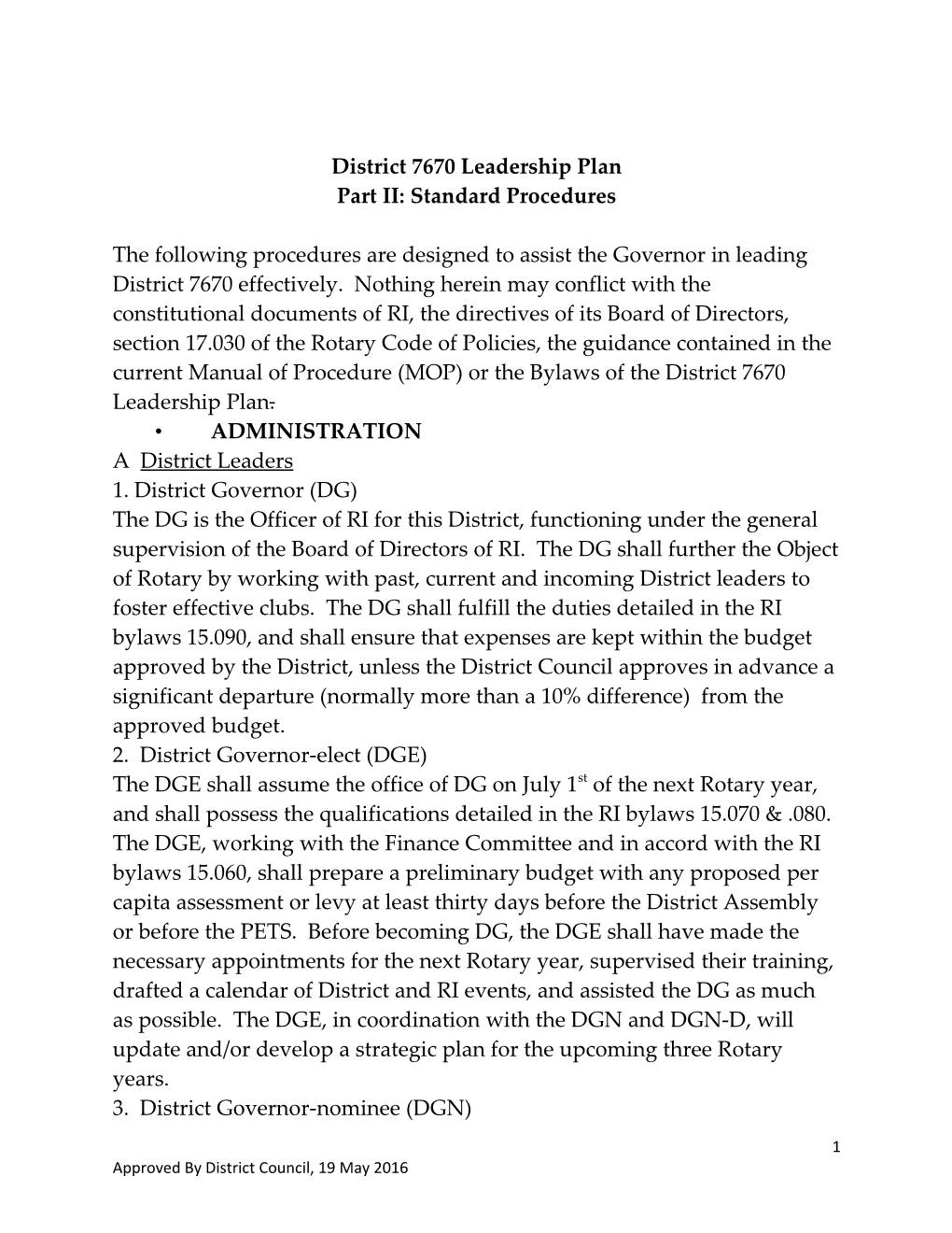 District 7670 Leadership Plan