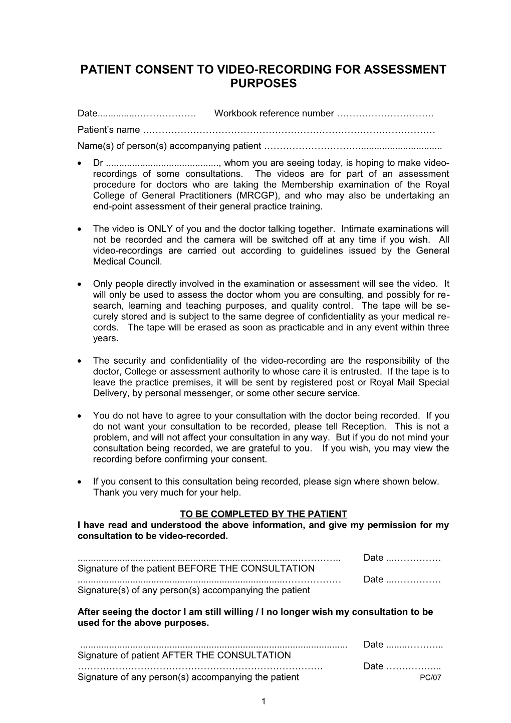 Patient Consent to Video-Recording for Assessment Purposes