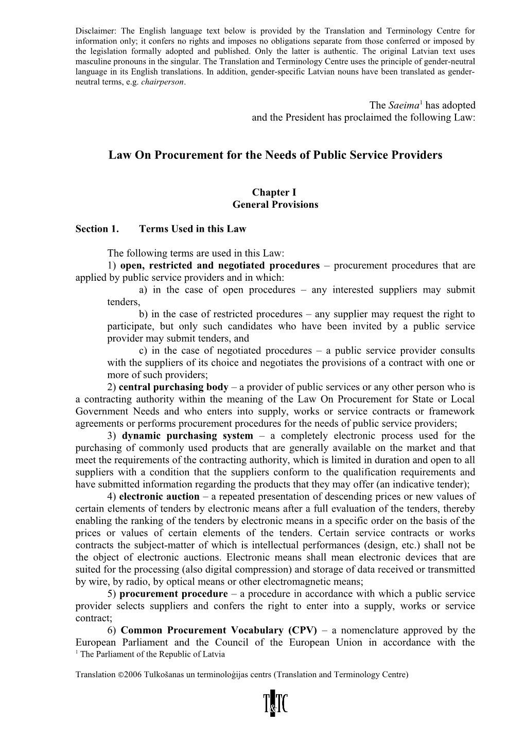 Law on Procurement for the Needs of Public Service Providers