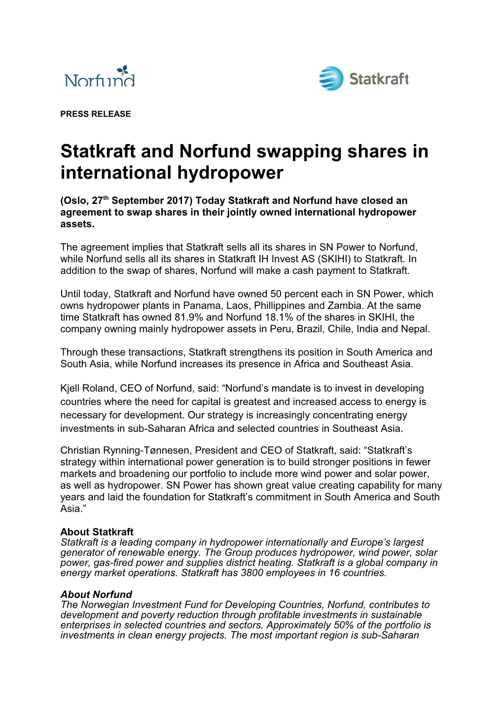 Statkraft and Norfund Swapping Shares in International Hydropower