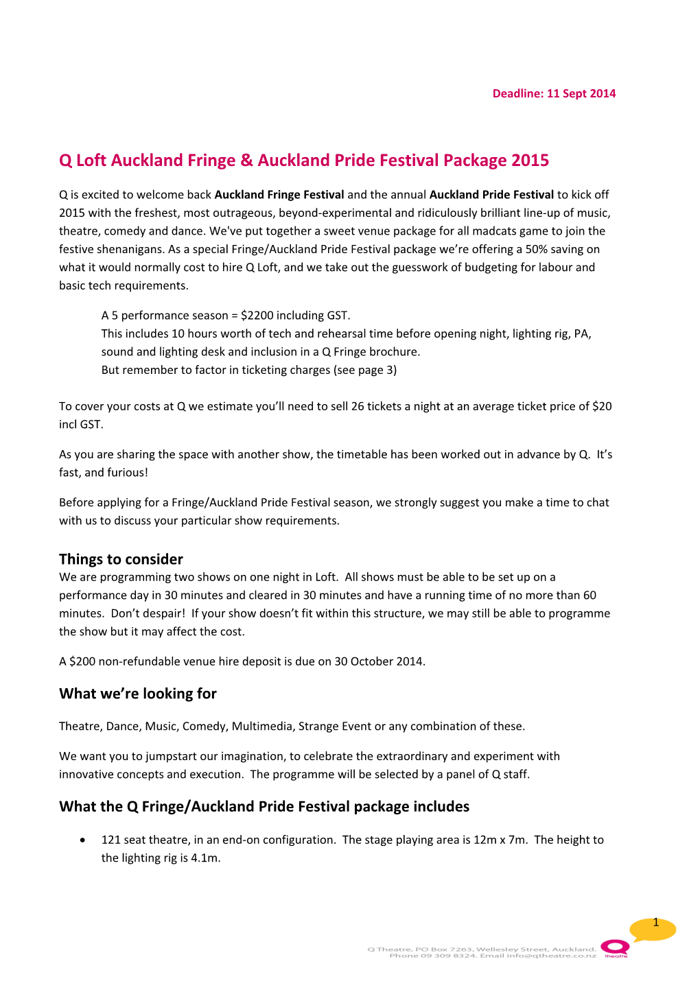 Q Loft Auckland Fringe & Auckland Pride Festival Package 2015