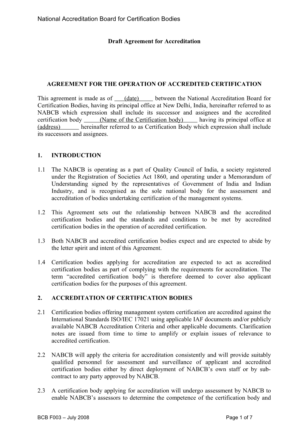 Agreement for the Operation of Accredited Certification