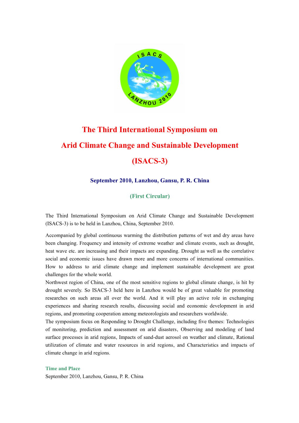 The Second International Symposium on Arid Climate Change And