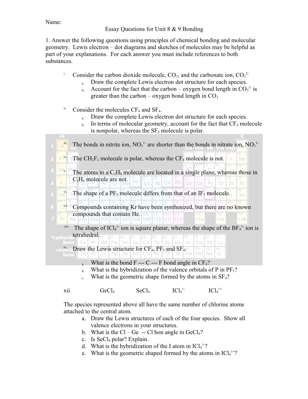 Essay Questions for Unit 8 & 9 Bonding