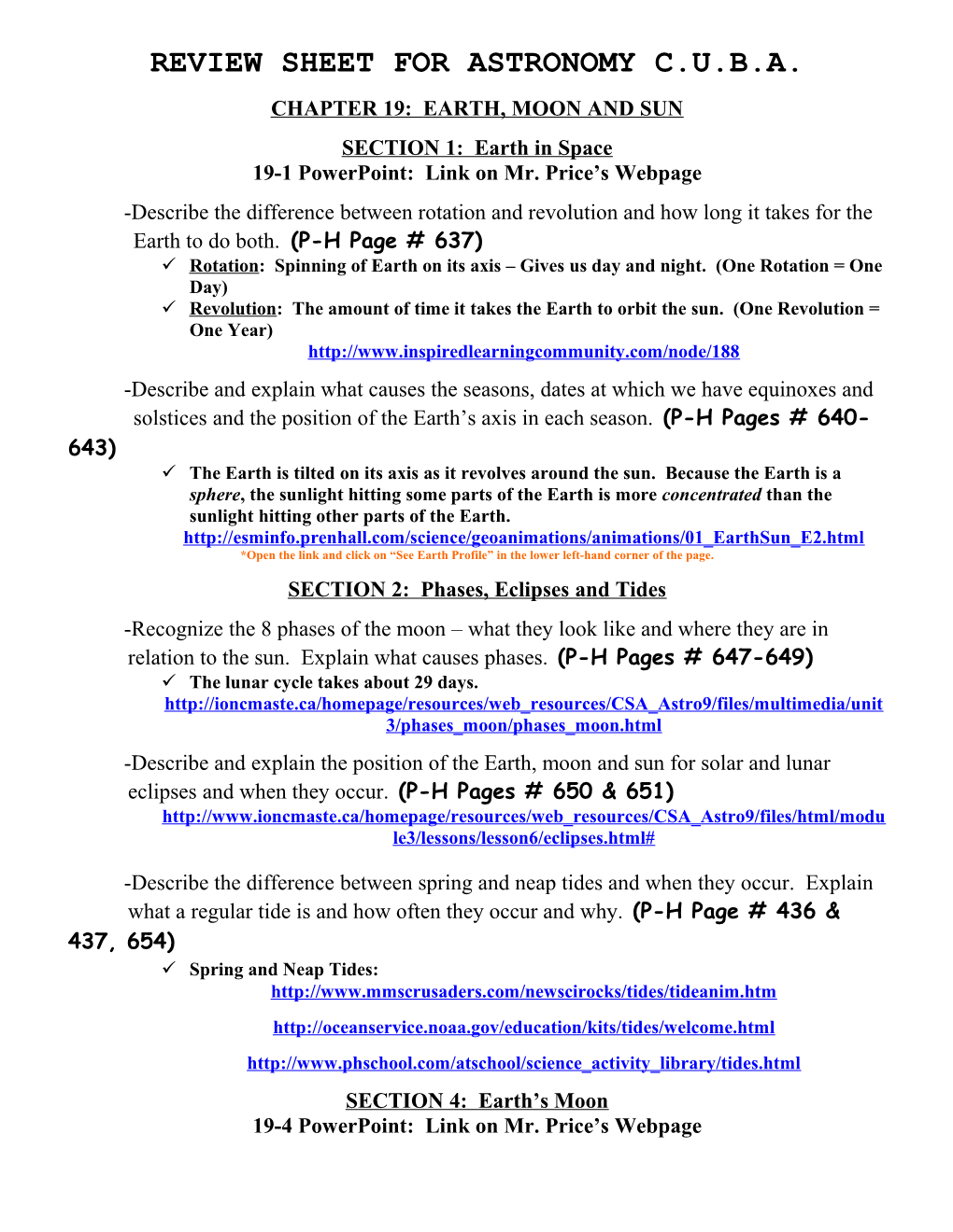Review Sheet for Astronomy C