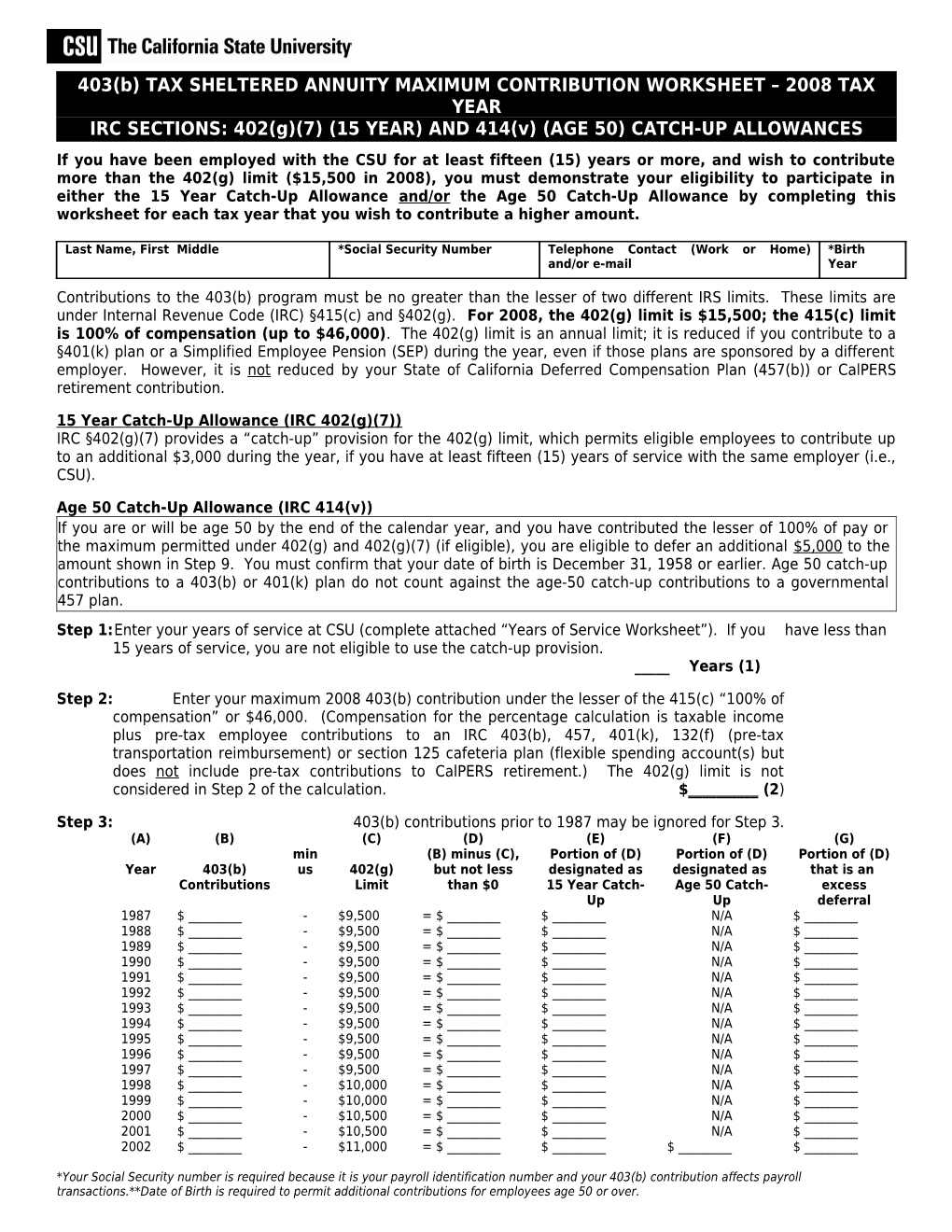 403(B) TAX SHELTERED ANNUITY MAXIMUM CONTRIBUTION WORKSHEET 2008 TAX YEAR