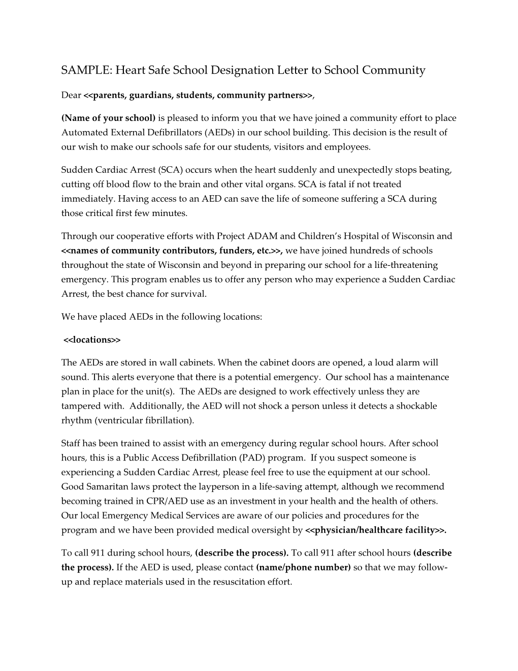 SAMPLE: Heart Safe School Designation Letter to School Community