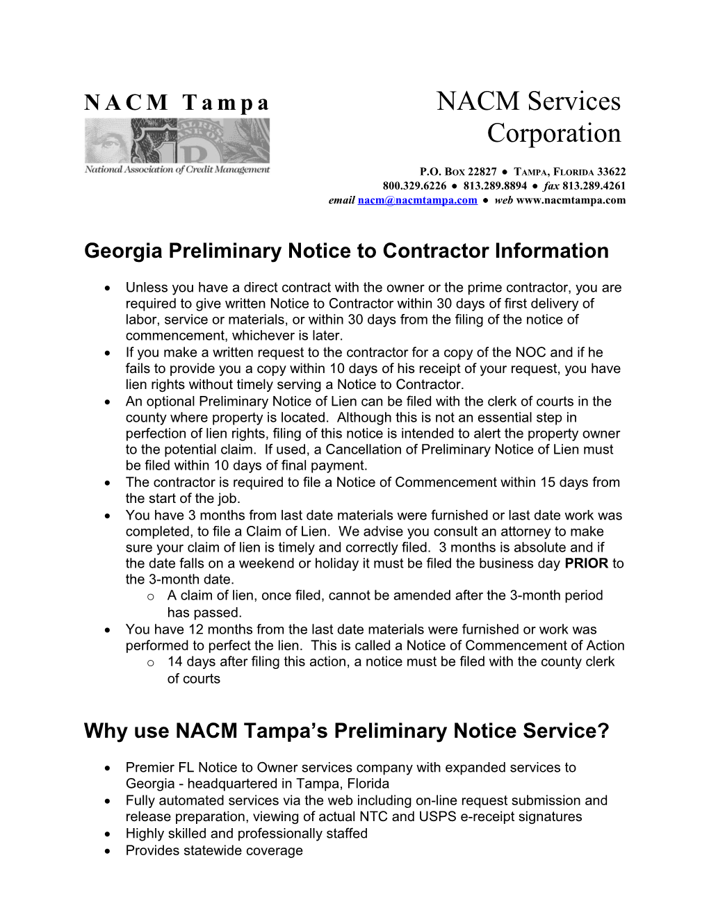Georgia Preliminary Notice to Contractor Information