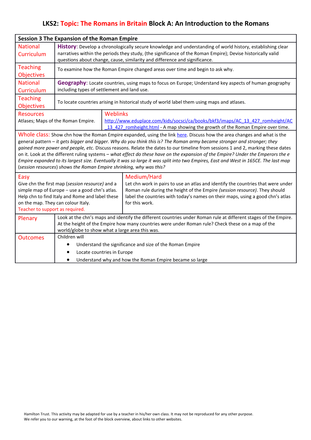 LKS2: Topic: the Romans in Britainblock A: an Introduction to the Romans