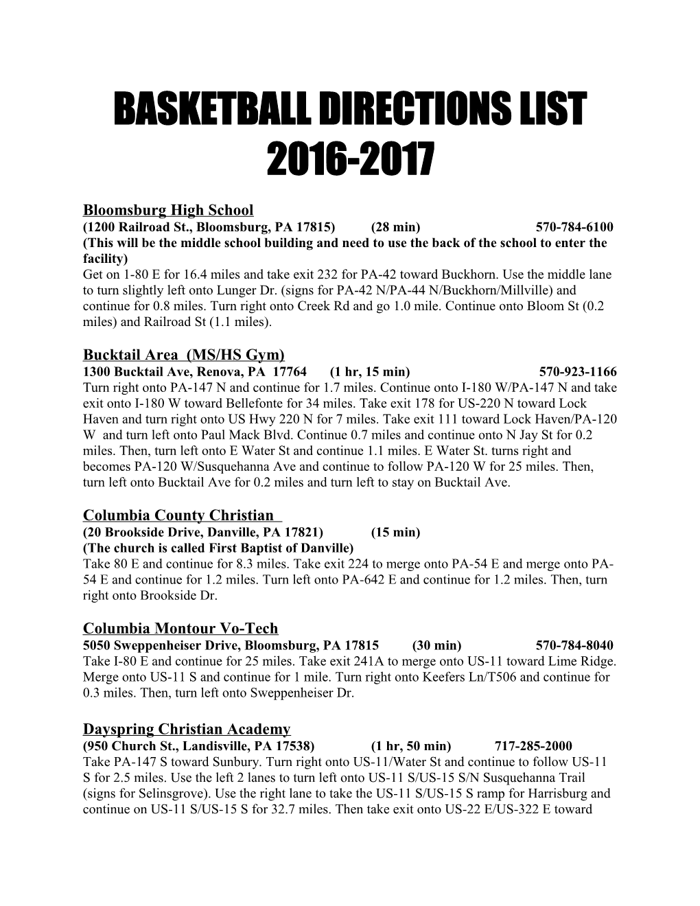 Basketball Directions List