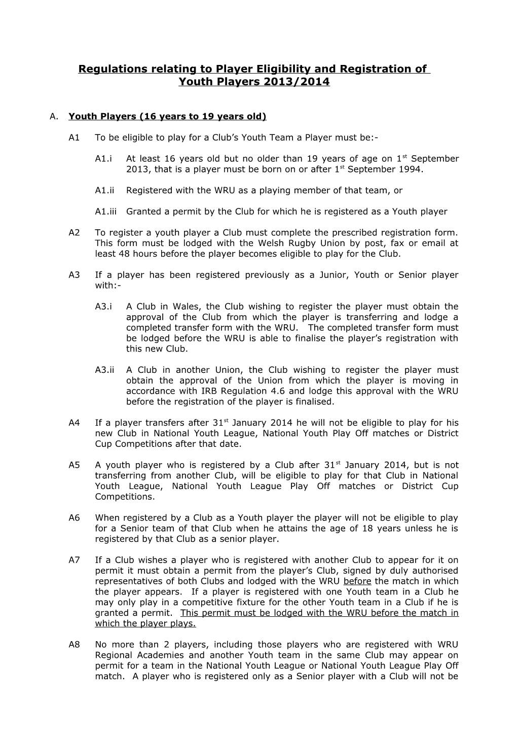 Regulations Relating to Player Eligibility and Registration of Youth and Under 17 Players