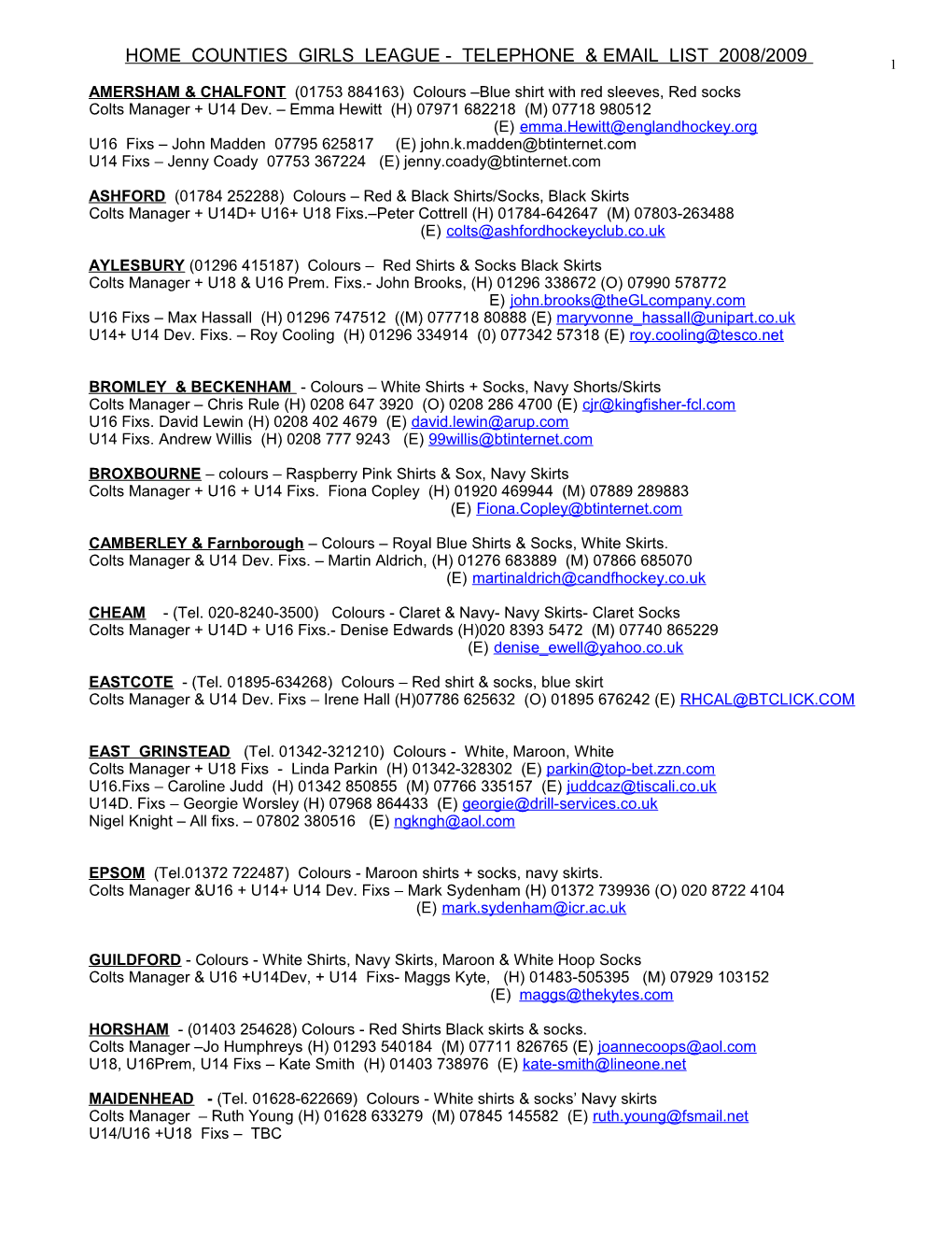 Home Counties Girls League - Telephone & Email List 2008/2009