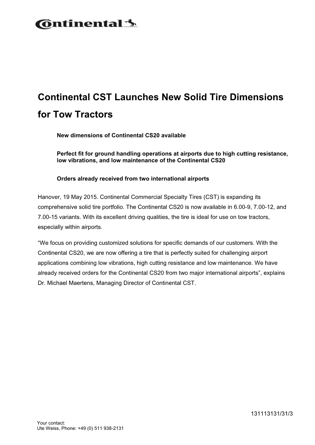 Continental CST Launches New Solid Tire Dimensions for Towtractors