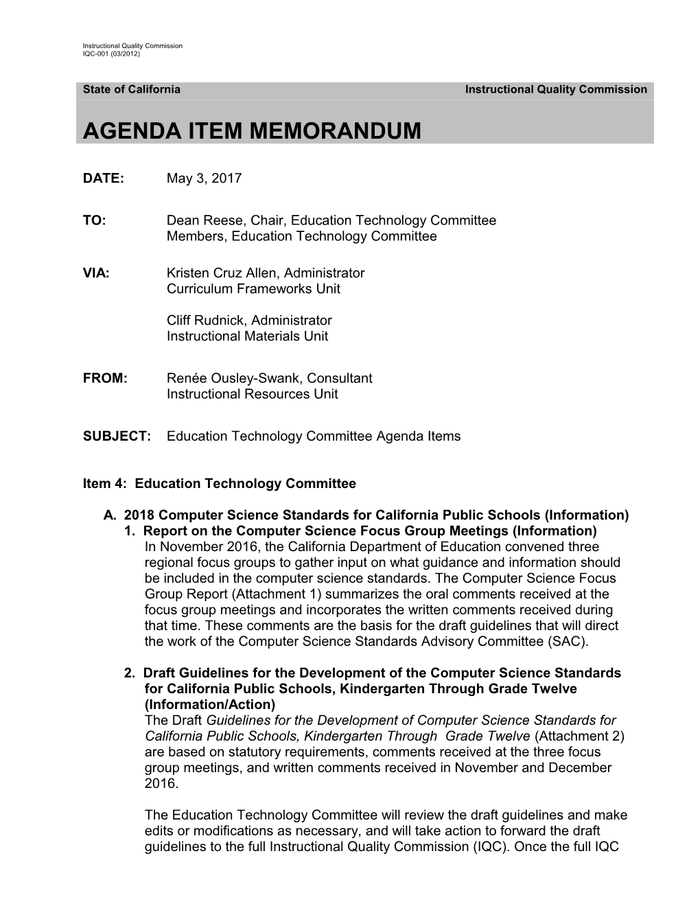 Ed Tech Agenda Memo - Instructional Quality Commission (CA Dept of Education)
