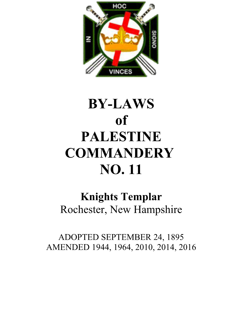By-Laws of Palestine Commandery No. 11, Knights Templar, Rochester New Hampshire