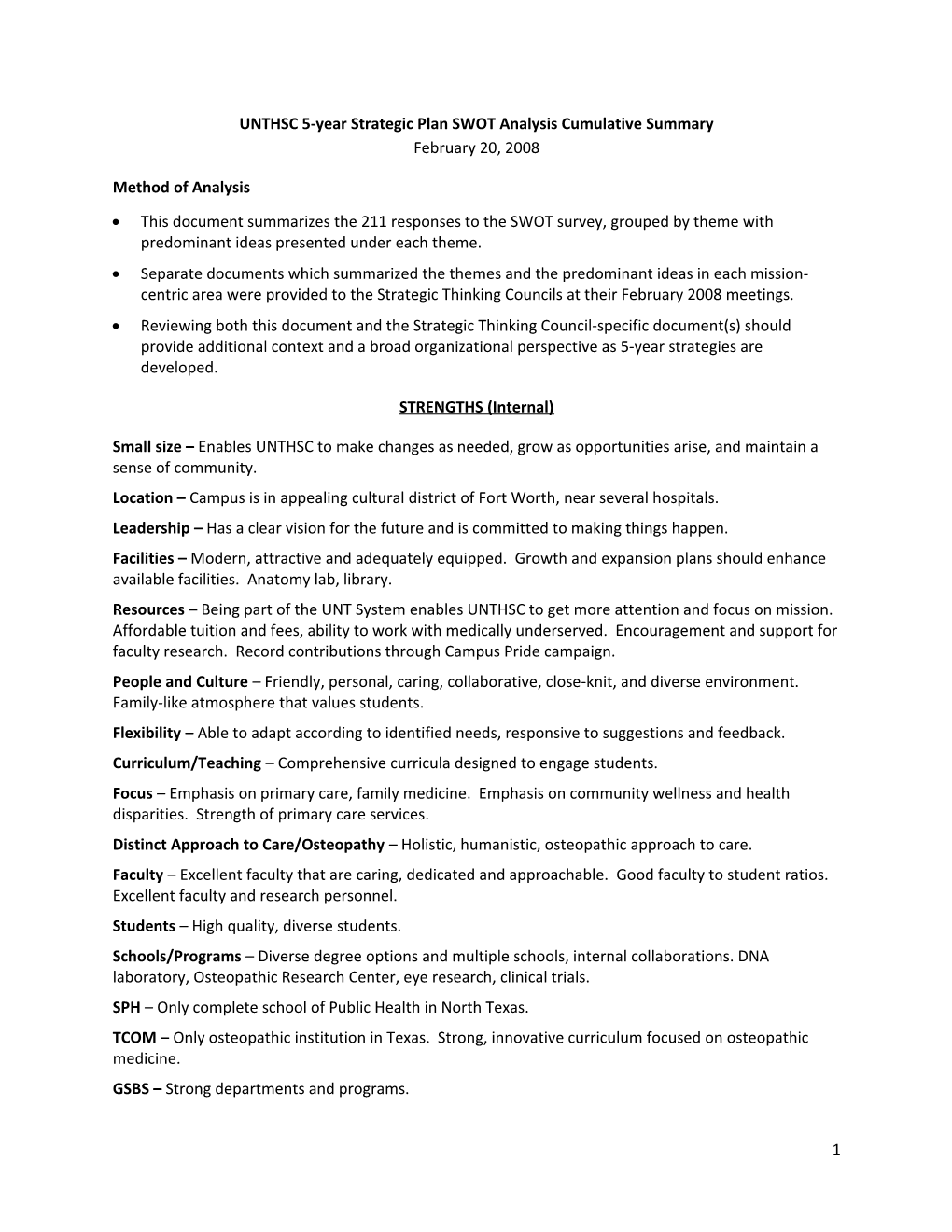 UNTHSC 5-Year Strategic Plan SWOT Analysis Cumulative Summary