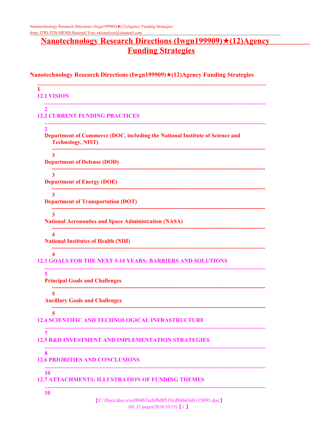 Nanotechnology Research Directions (Iwgn199909) (12)Agency Funding Strategies