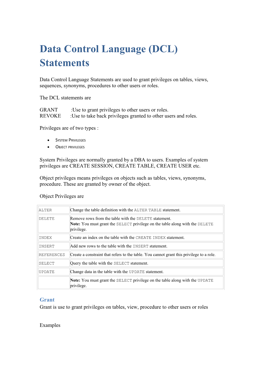 Data Control Language (DCL) Statements