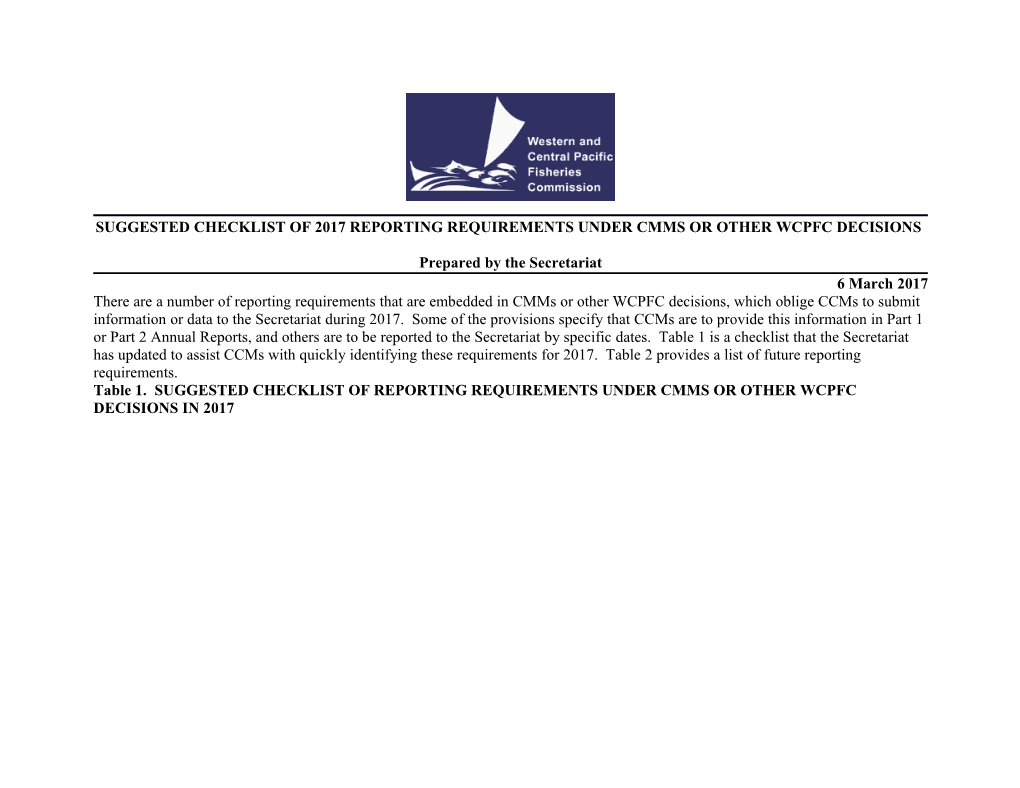 Suggested Checklist of 2017Reporting Requirements Under Cmms Or Other Wcpfc Decisions