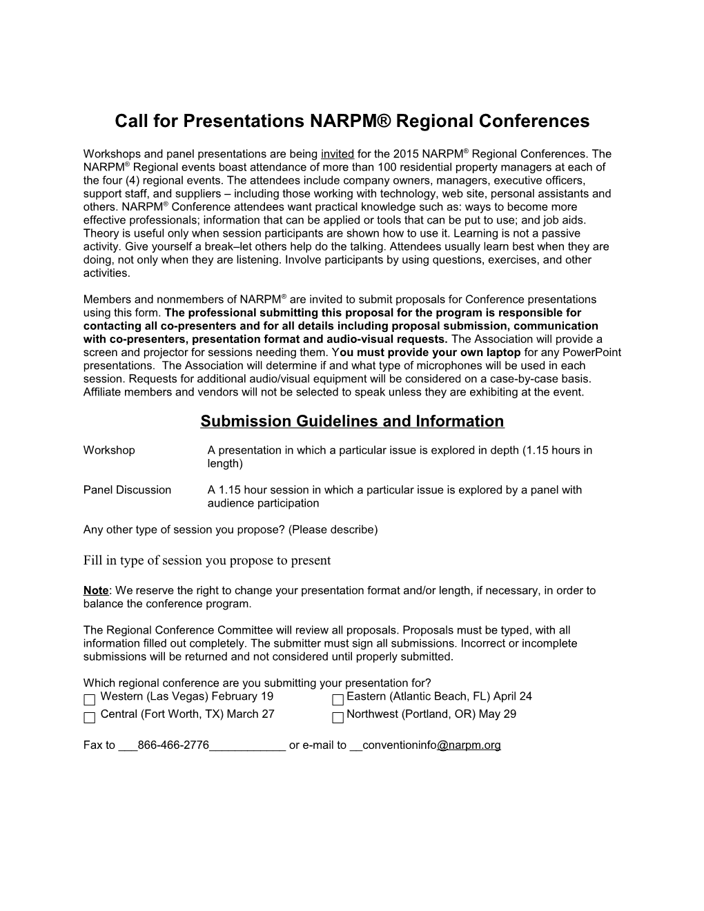 Call for Presentations NARPM Regional Conferences