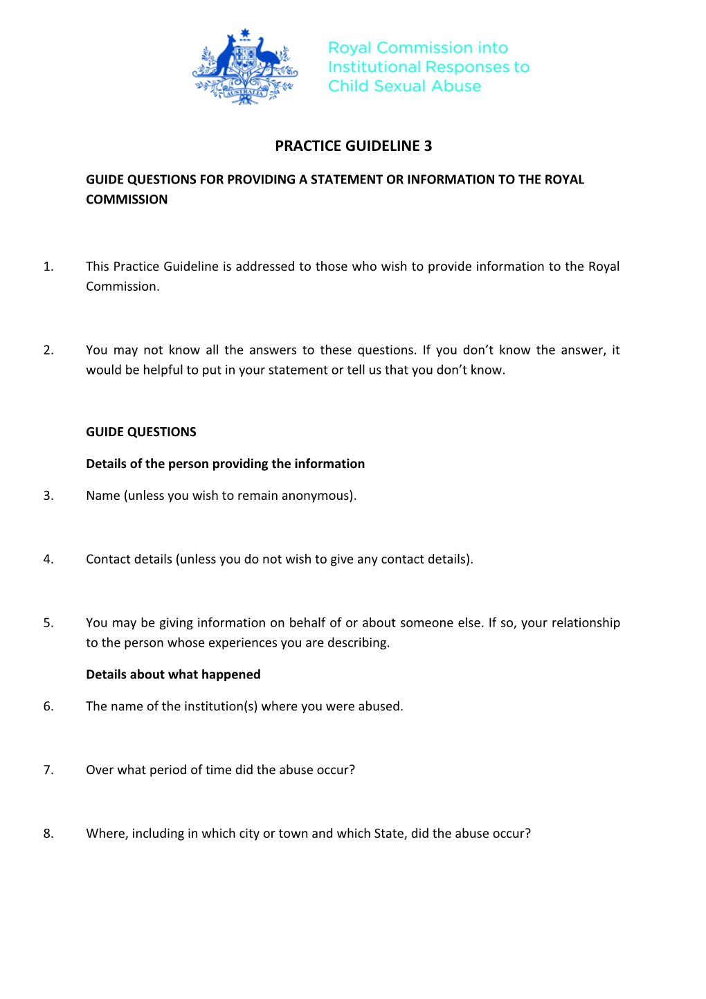 Practice Guideline 3 (Guide Questions for Providing a Statement Or Information Final For
