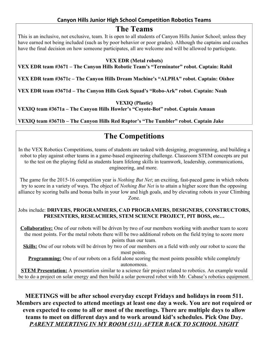 Canyon Hills Junior High School Competition Robotics Teams