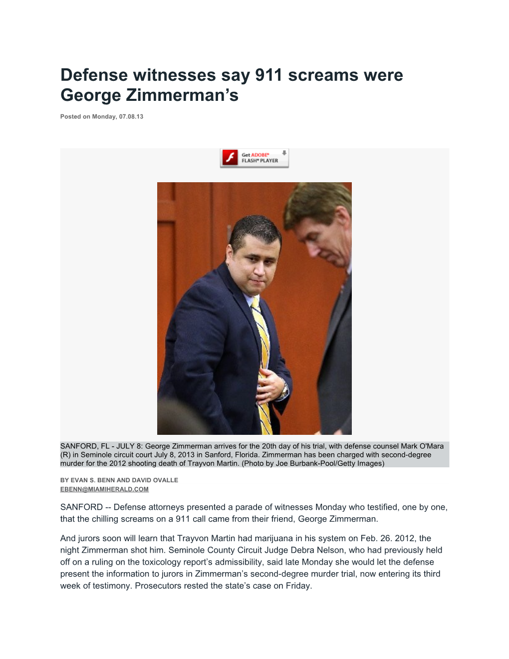 Defense Witnesses Say 911 Screams Were George Zimmerman S