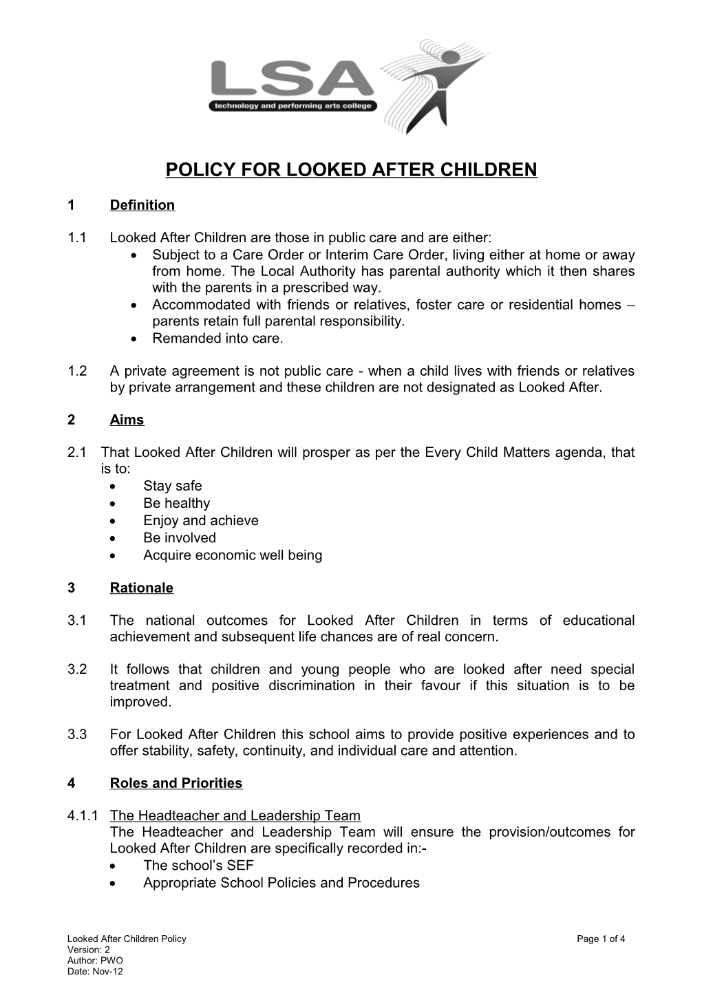 Model for a School's Policy for the Education of Looked After Children