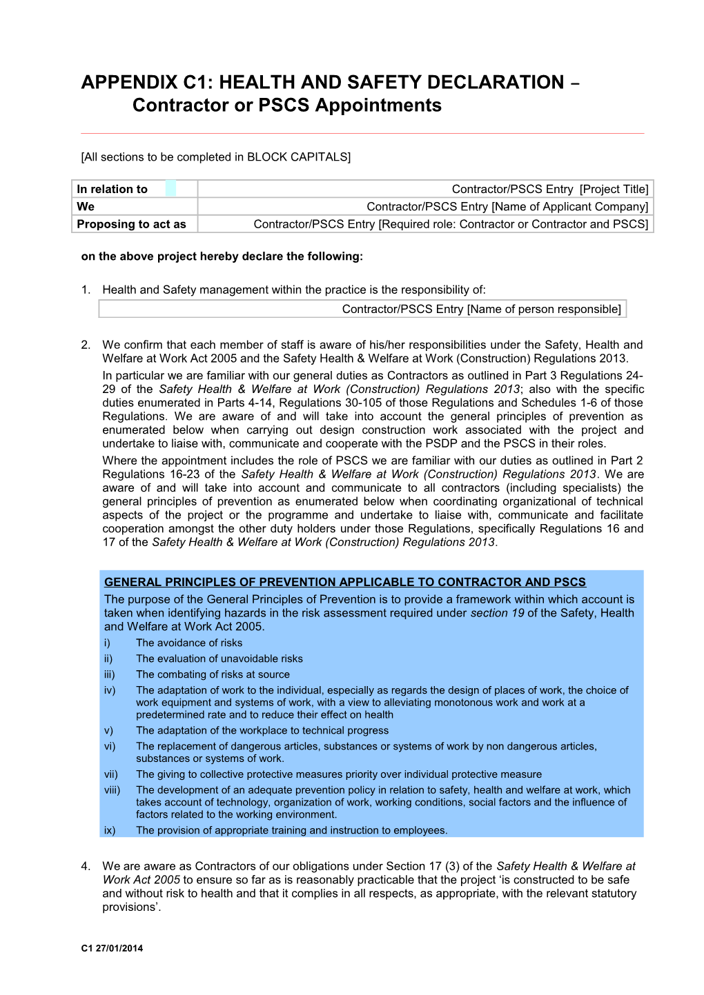 APPENDIX C1: HEALTH and SAFETY DECLARATION Contractor Or PSCS Appointments