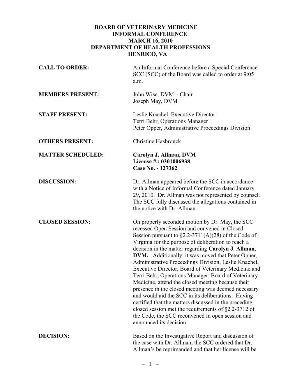 Board of Veterinary Medicine Minutes 03-16-2010