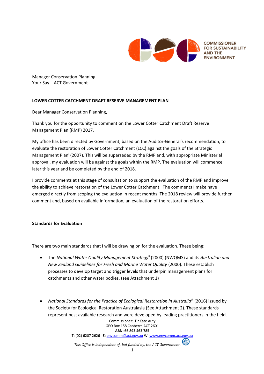 Lower Cotter Catchment Draft Reserve Management Plan