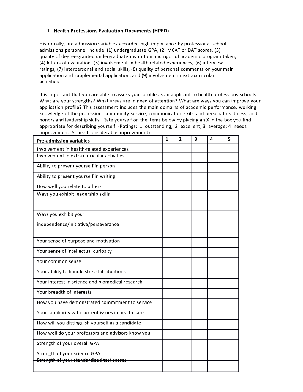 1.Health Professions Evaluation Documents (HPED)