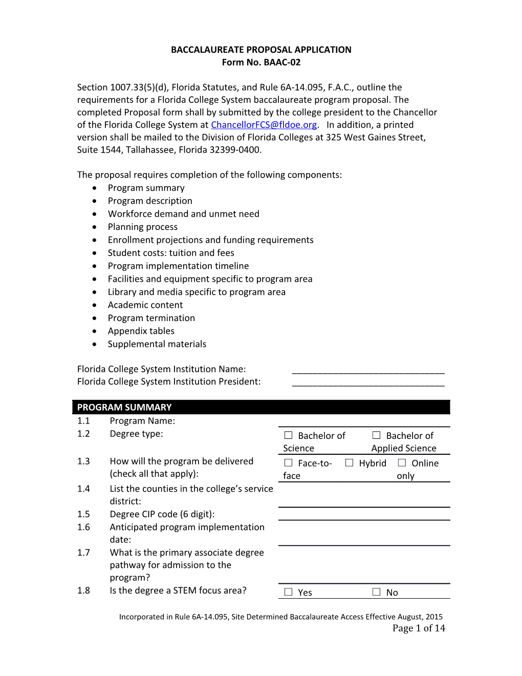 Baccalaureate Proposal Application