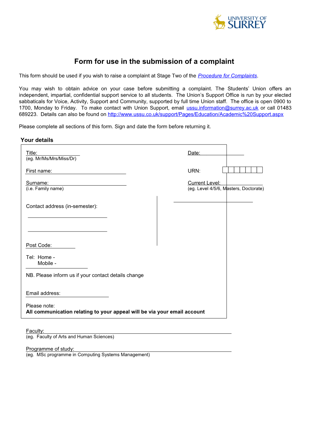 Form for Use in the Submission of a Complaint