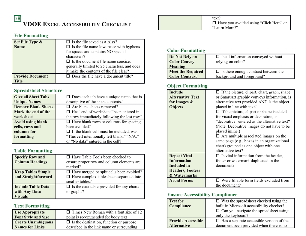 VDOE Excel Accessibility Checklist