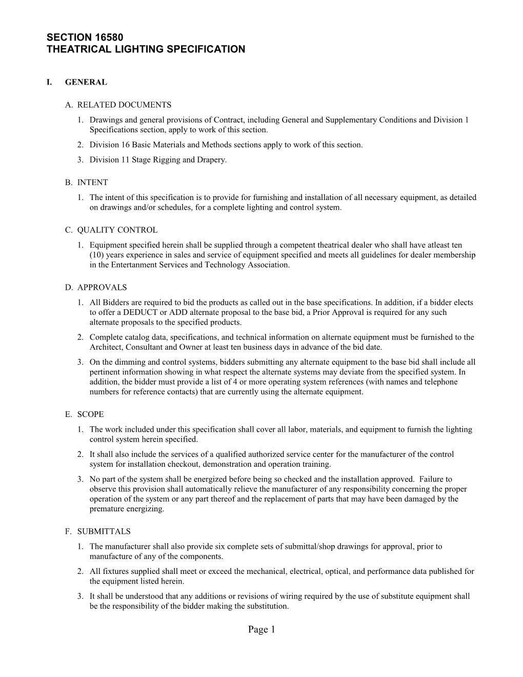 Theatrical Lighting Specification