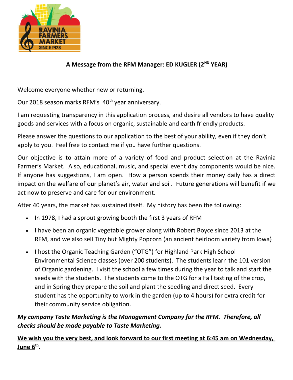 A Message from the RFM Manager: ED KUGLER (2ND YEAR)