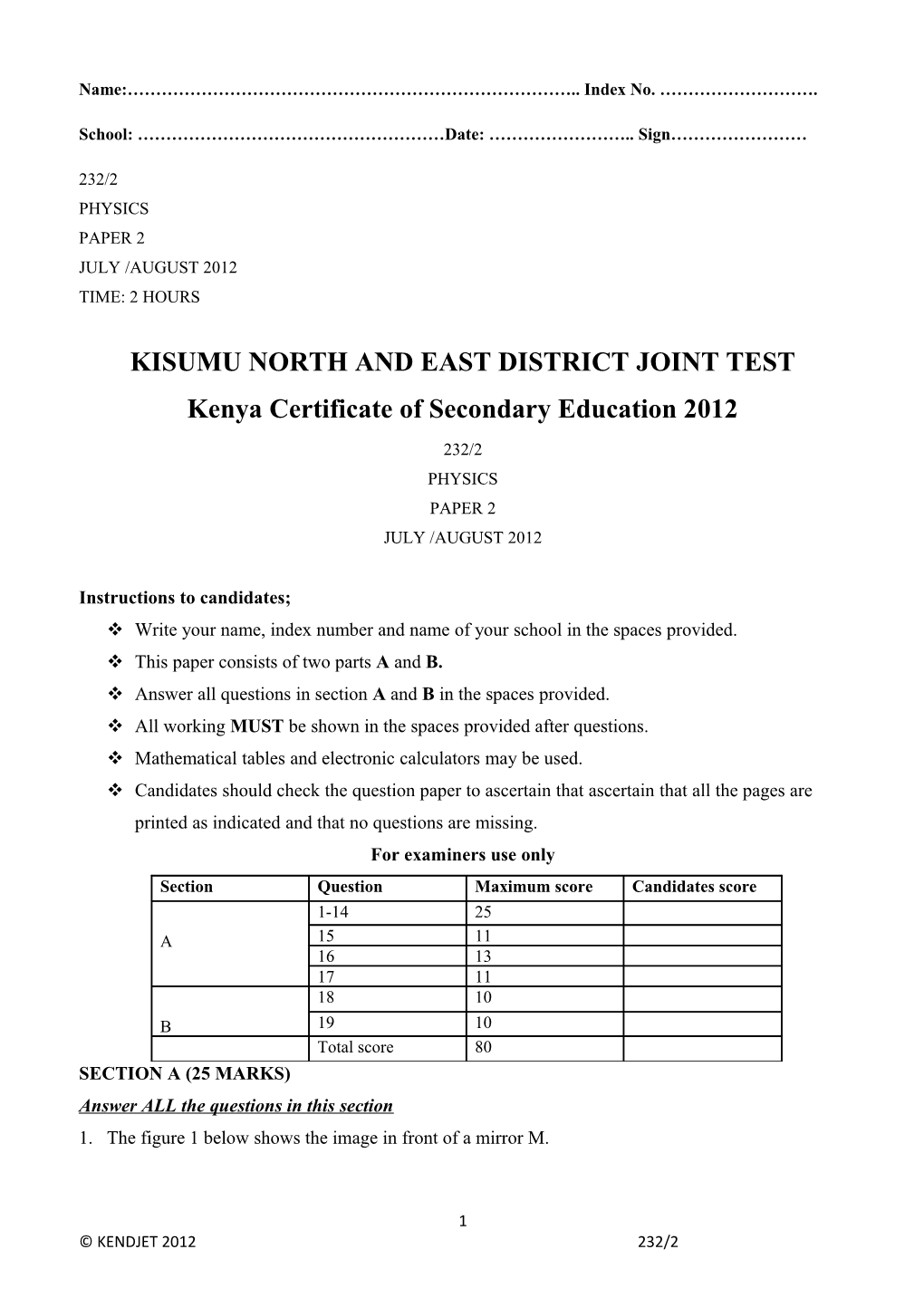 Kisumu North and East District Joint Test