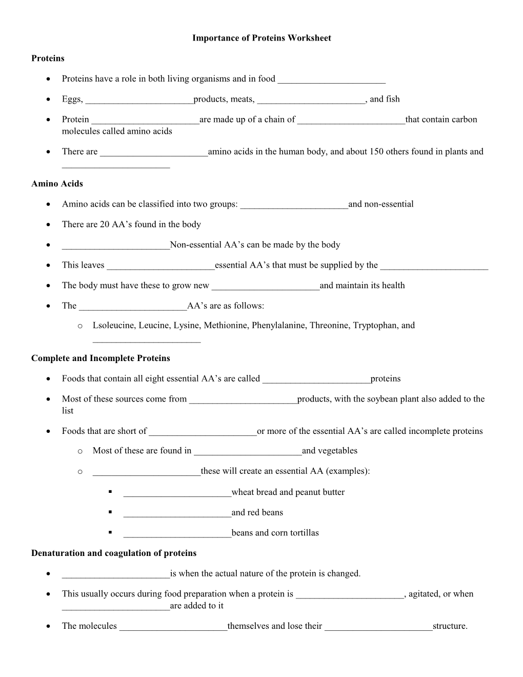 Importance of Proteins Worksheet