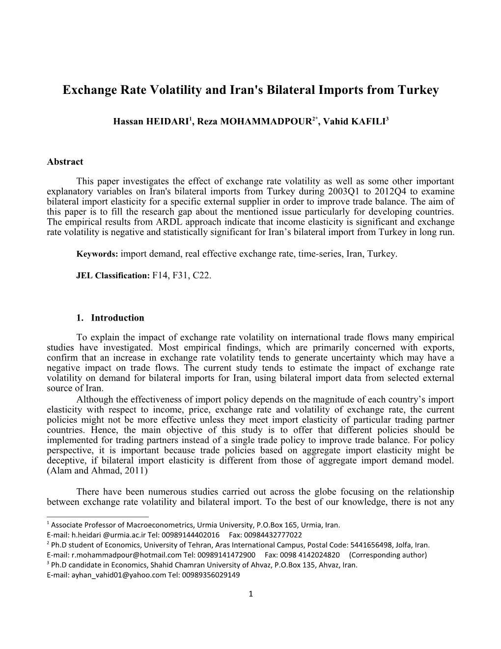 Exchange Rate Volatility and Iran's Bilateral Imports from Turkey