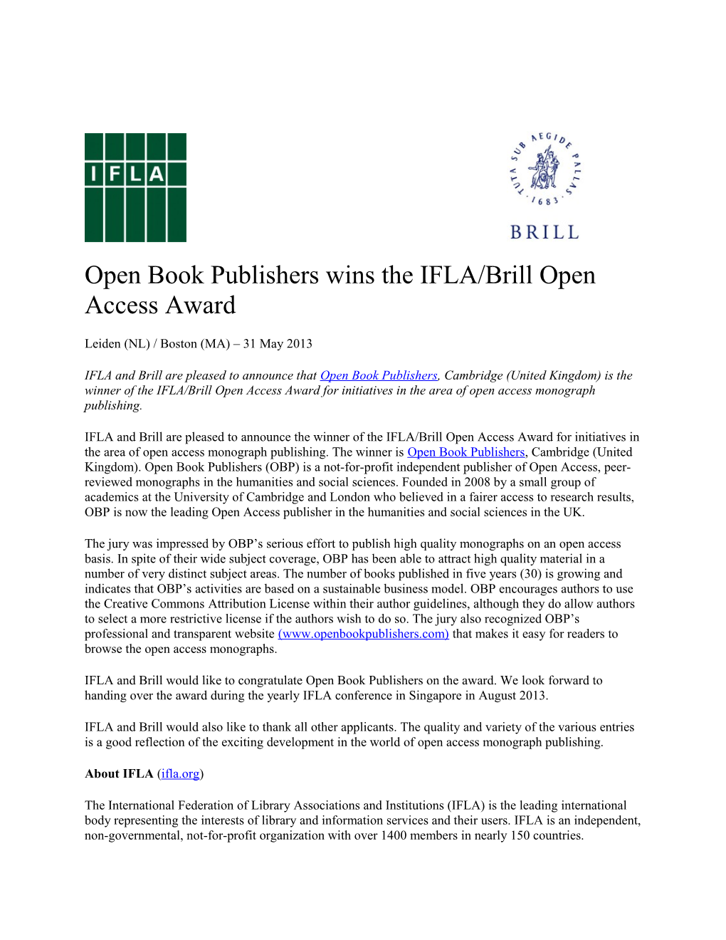 Open Book Publishers Wins the IFLA/Brill Open Access Award