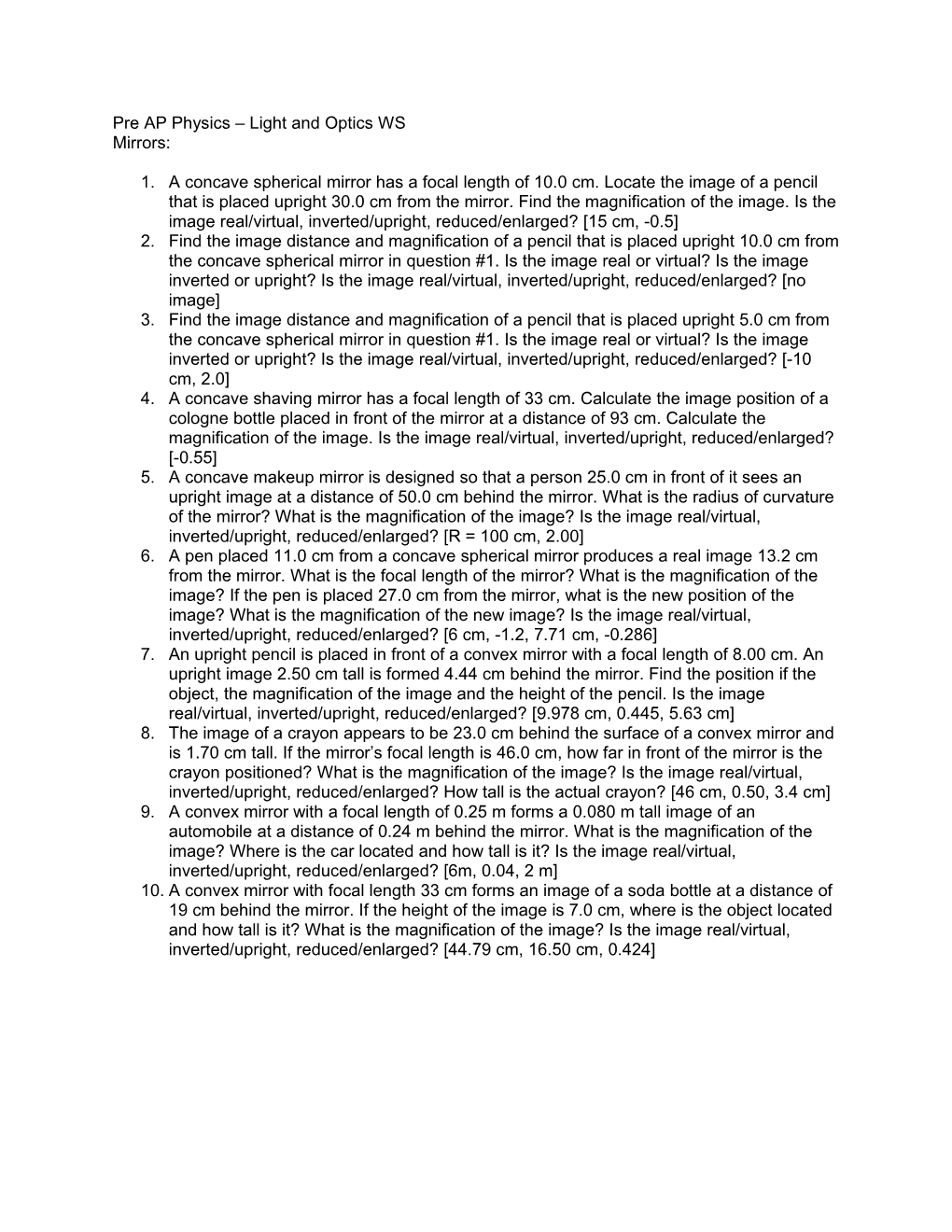 Pre AP Physics - Mirrors WS