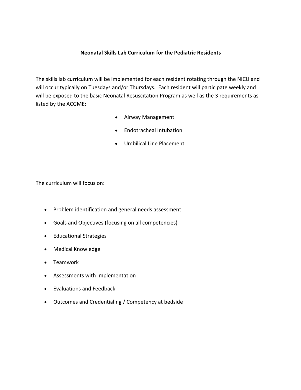 Neonatal Skills Lab Curriculum for the Pediatric Residents