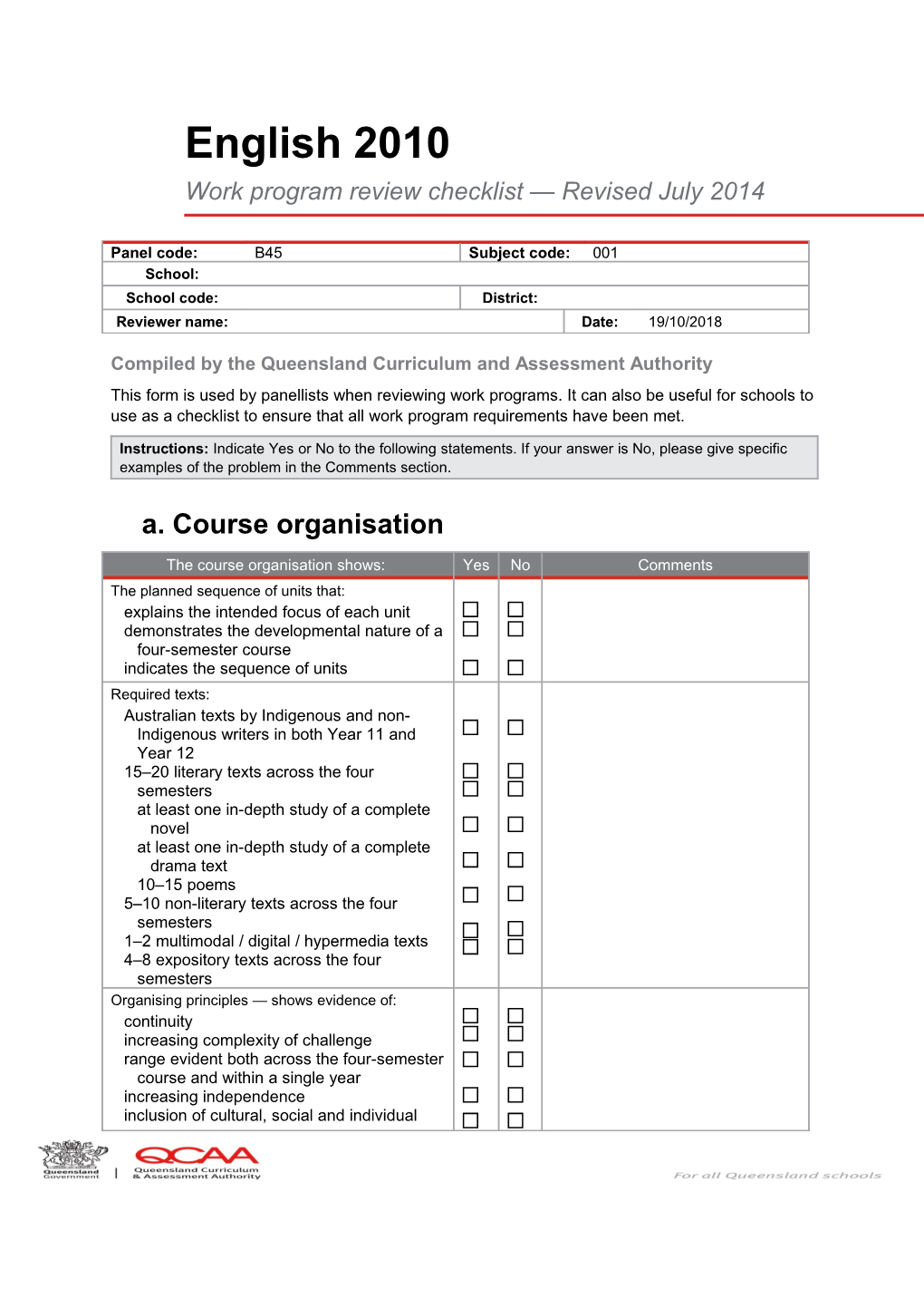 English 2010 Work Program Checklist