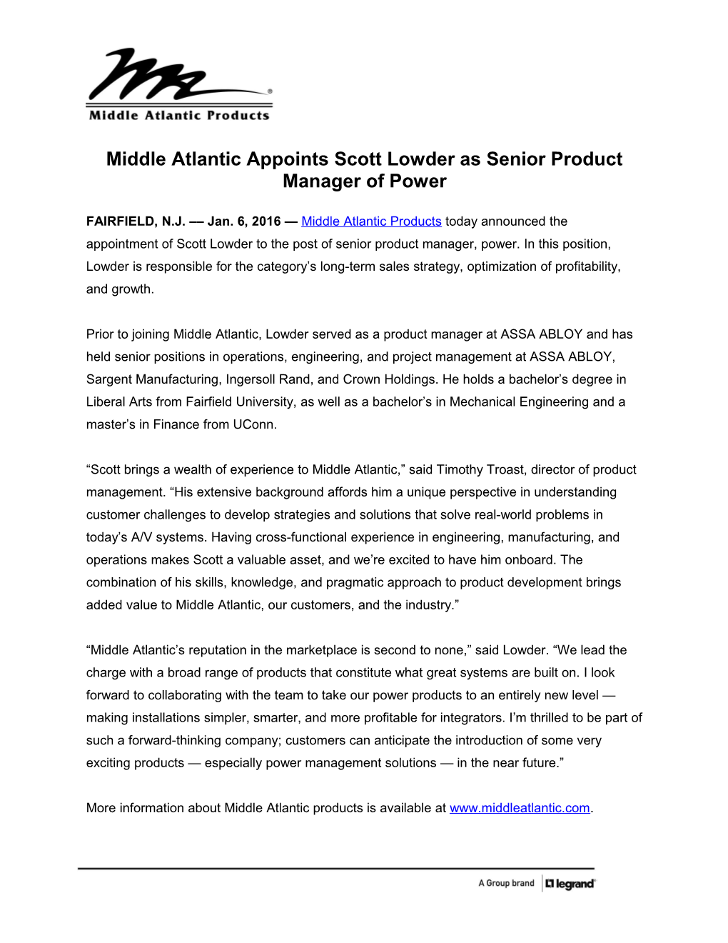 Middle Atlantic Appoints Scott Lowder As Senior Product Manager of Power